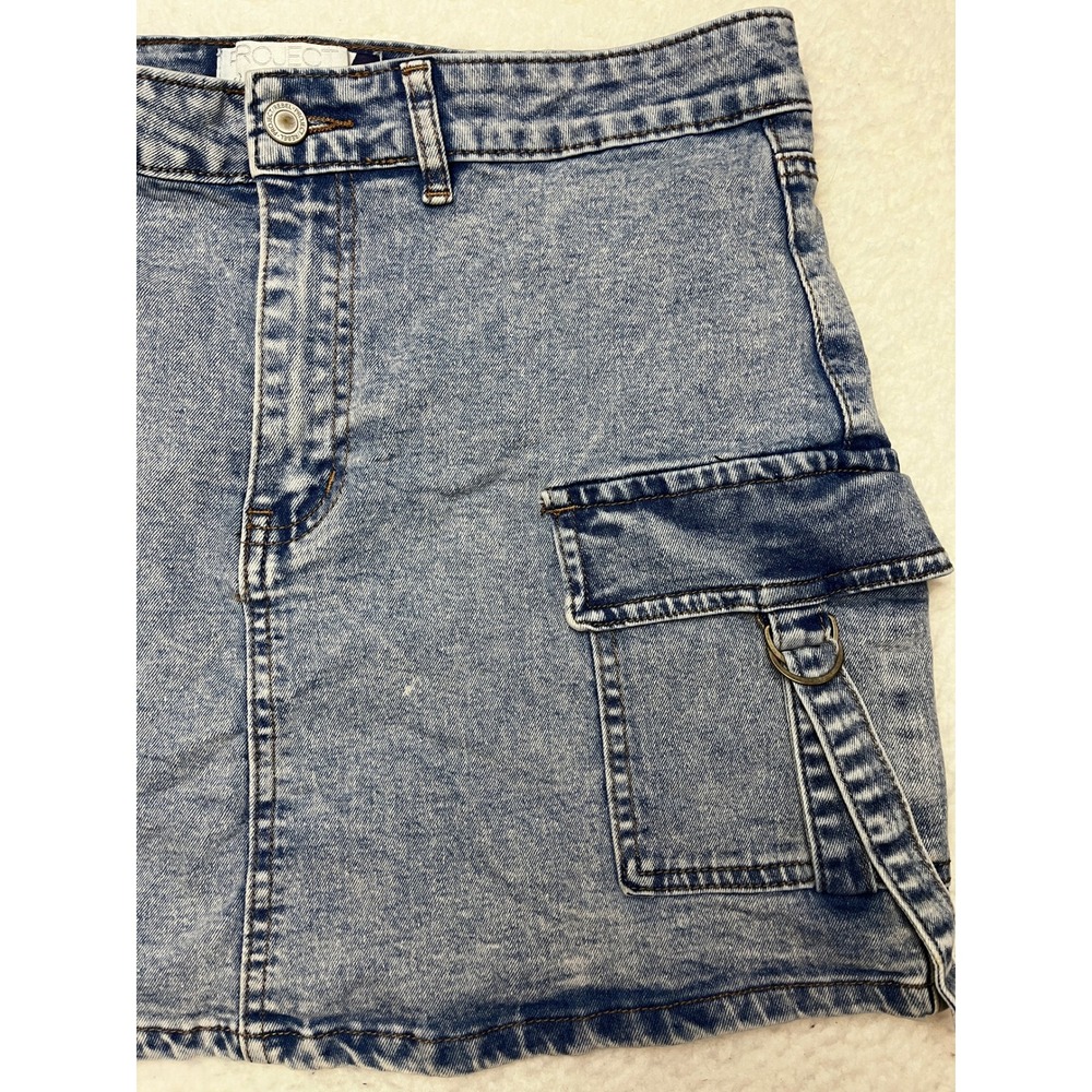 Project Rebel Denim Skirt Womens Large‎ Blue Acid Wash Cargo Mini Utility Skirt